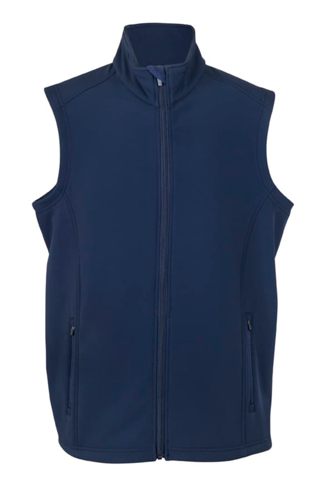 Men's soft shell vest in navy blue with a full front zip and side pockets. Features a logo on the garment.