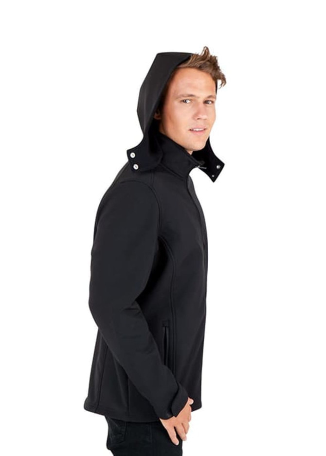 A black men's soft shell hooded jacket from the TEMPEST range, featuring a hood and zip pockets.