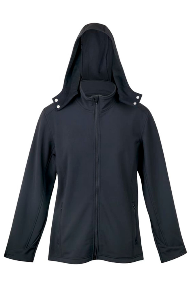 A black soft shell hooded jacket with a zip front and pockets, featuring a branded logo.