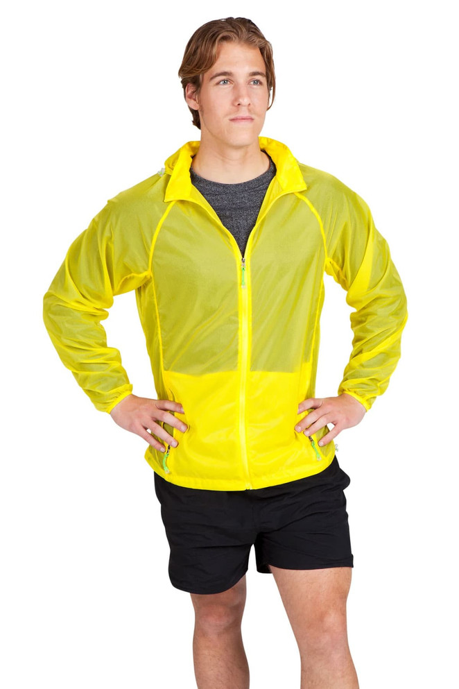 A men’s jacket in bright yellow, featuring a zip-up front and a lightweight, breathable design. It has a logo.