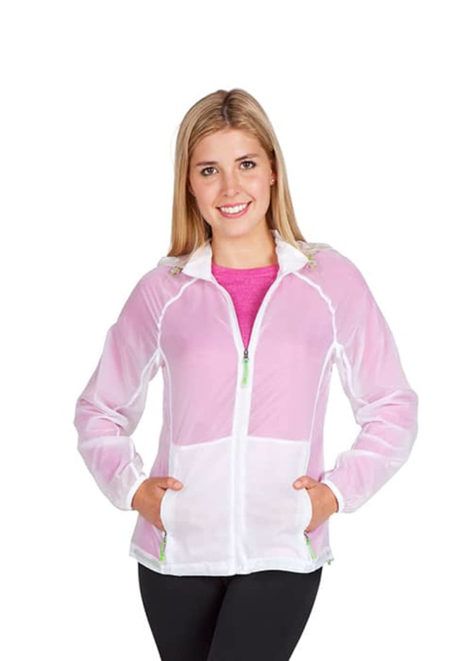 A women's lightweight air jacket in white with green accents, featuring a zip front and pockets.