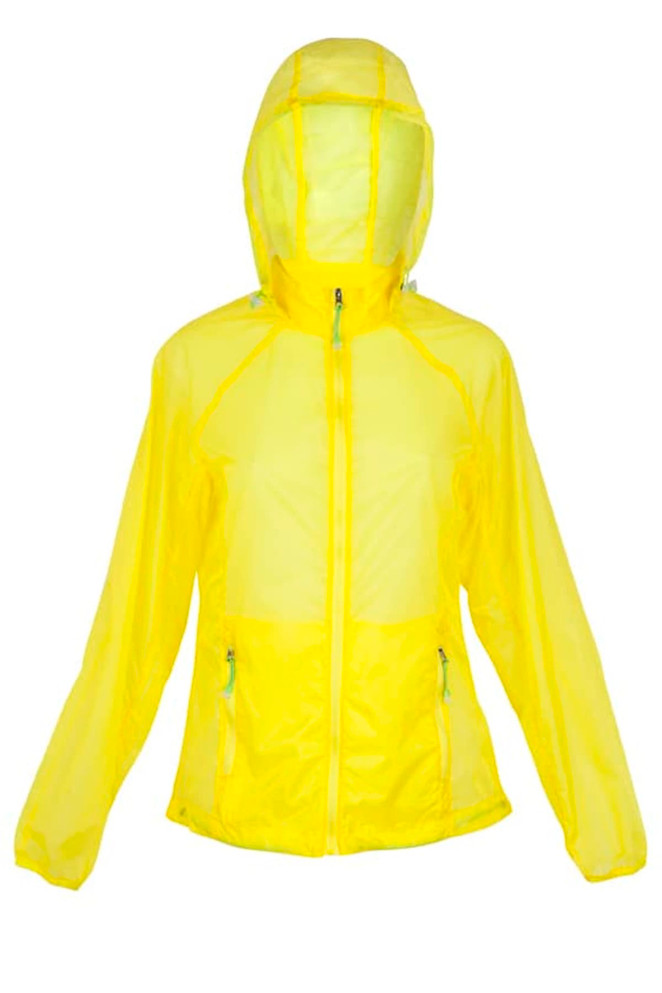 A women's jacket in bright yellow with a hood, featuring zippered pockets and a sleek design.