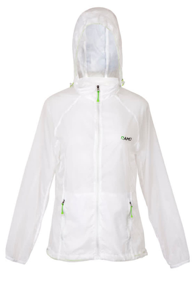 A white women's jacket with a hood, featuring zippered pockets and green accents. It has a branding logo on the front.
