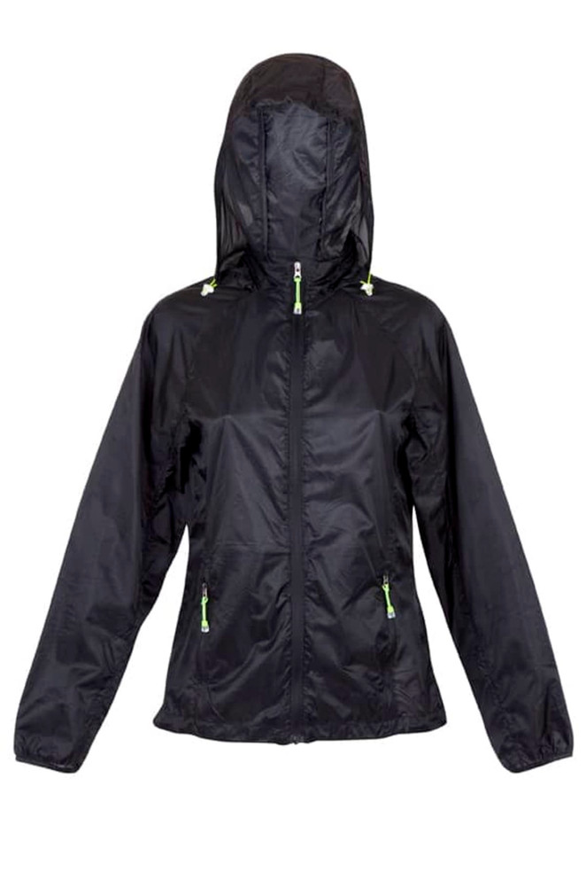 A women's black air jacket featuring a hood and green zip accents, with a logo on the front.