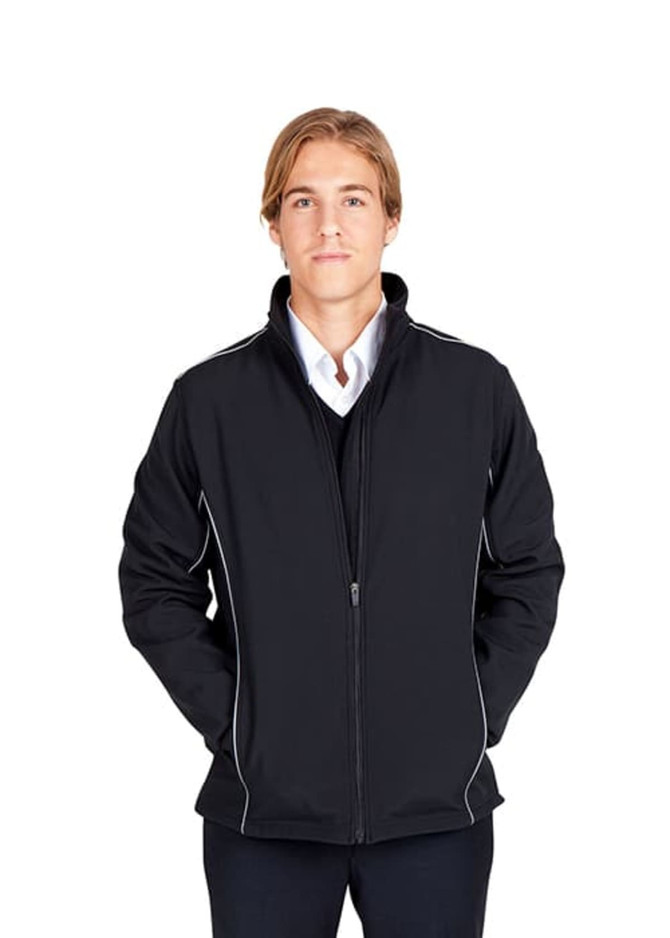 A black Men's Tempest Plus Jacket with white piping, featuring a zipped front and high collar. It has a logo on it.