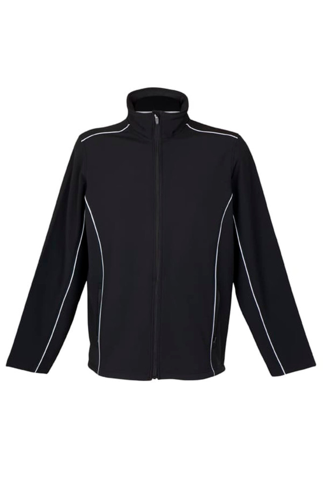 A black jacket with contrasting white piping and a high collar, featuring a logo on one side.