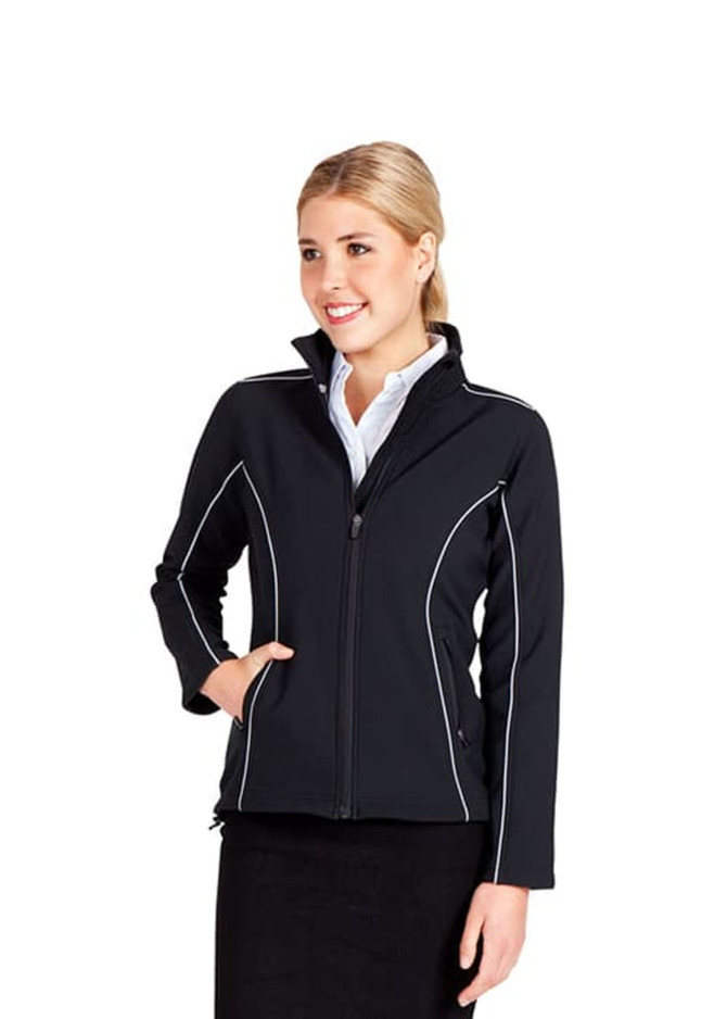 A black women's jacket with contrasting white piping, featuring a zip-up front and side pockets.