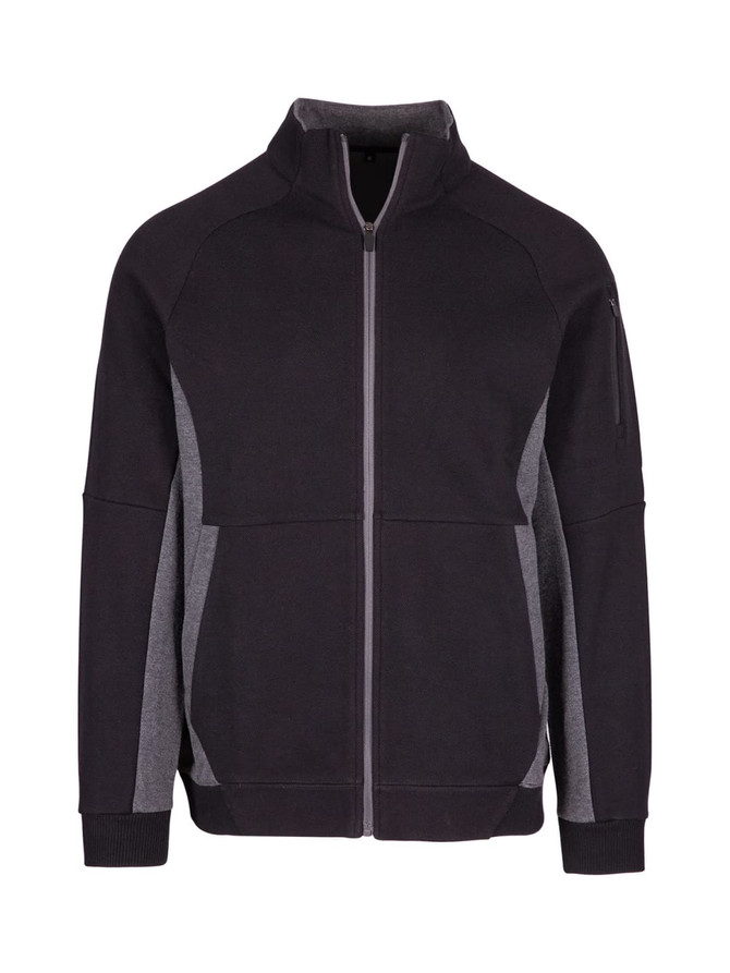 A men's jacket featuring a zip front, in black with grey accents, and a logo on the sleeve.