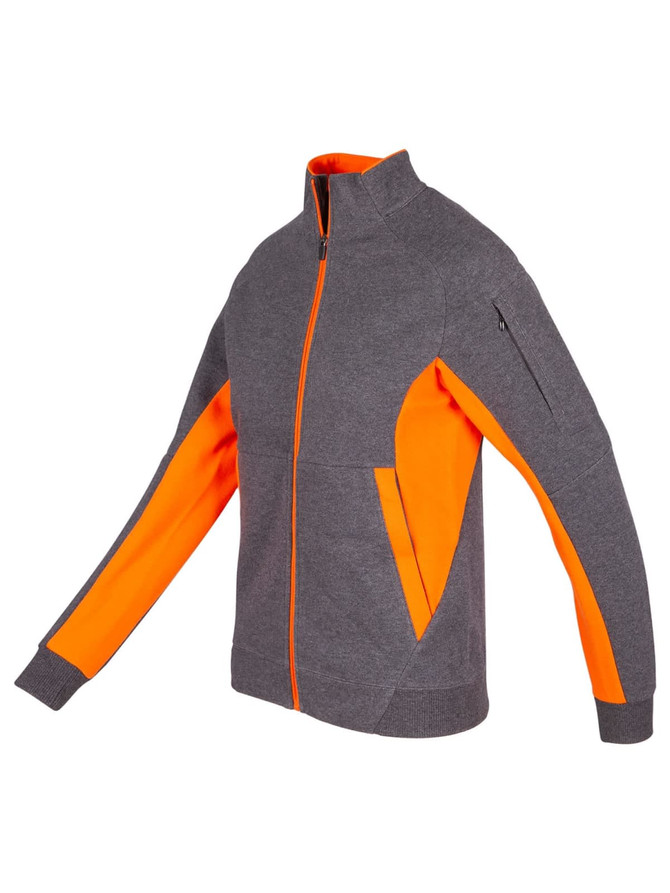 A grey jacket with bright orange accents and a zippered front, featuring a pocket on the sleeve and a logo.