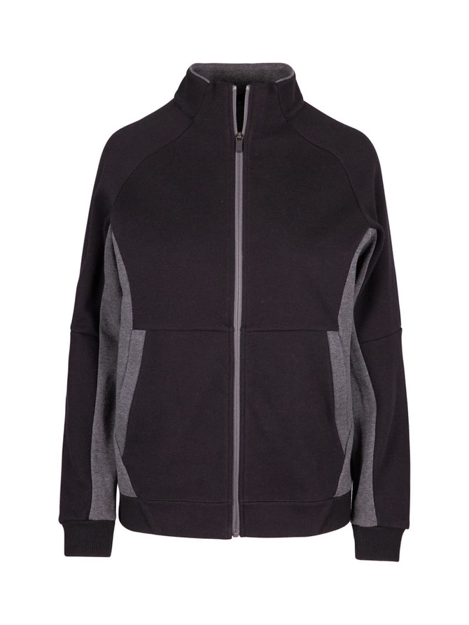 A women's icon jacket in black with grey accents, featuring a full zip and high collar. It has a logo on the chest.