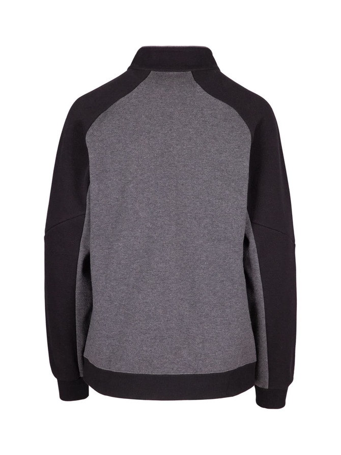 A women's jacket featuring a grey body and black sleeves, with a high collar and a logo on the back.