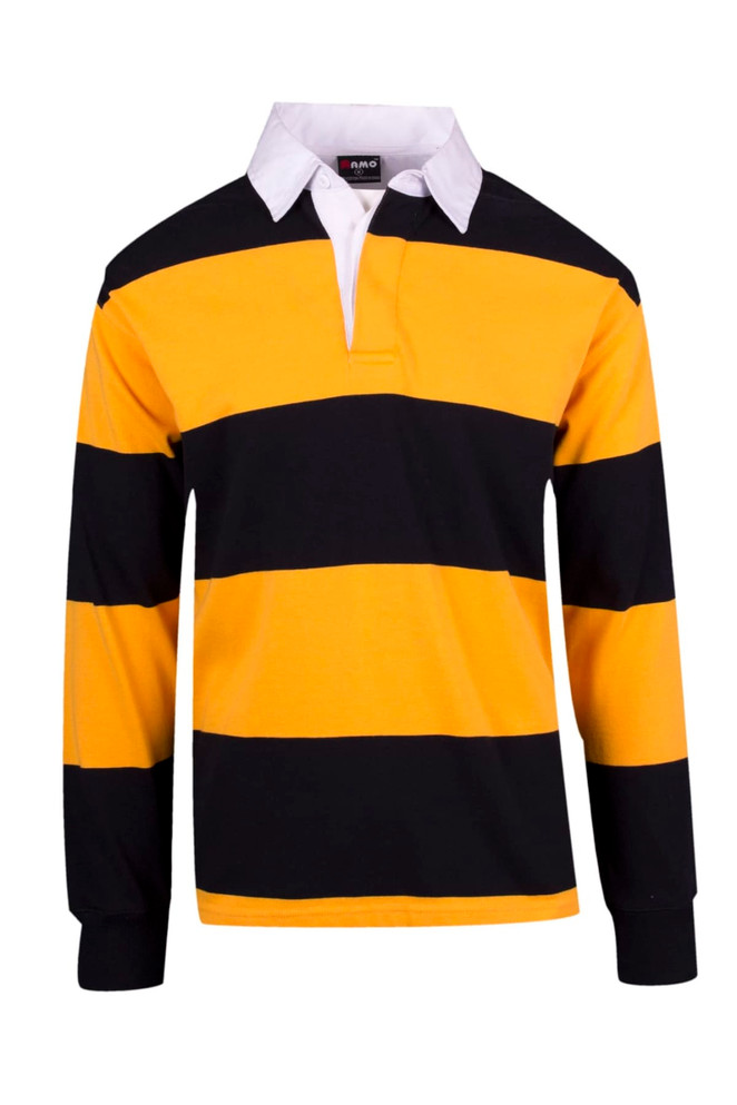 A men's unisex rugby polo in yellow and black stripes, featuring a white collar and long sleeves. It has a logo.