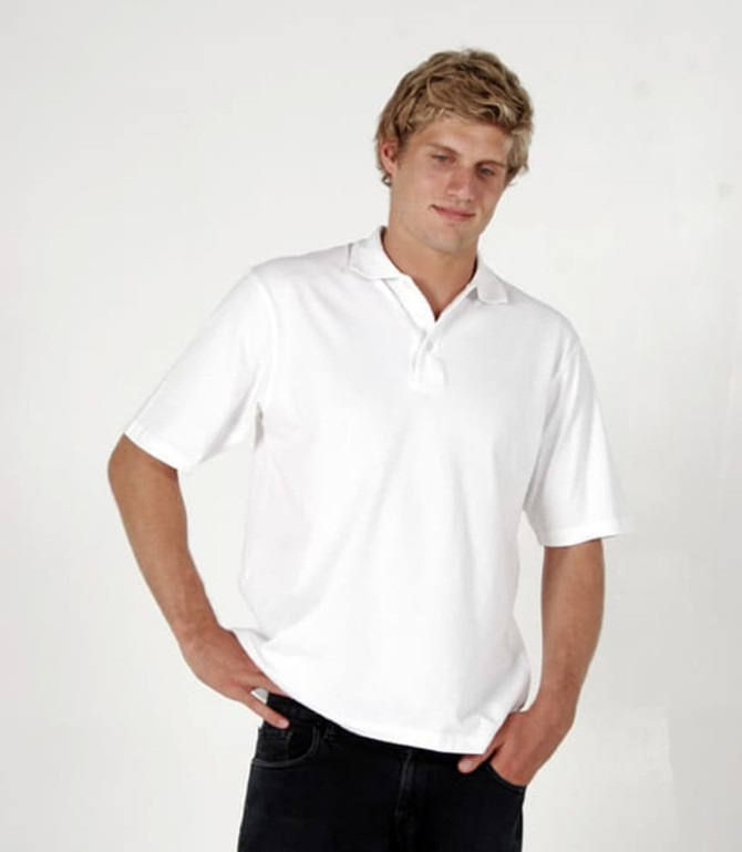 A man wearing a plain white, short-sleeve polo shirt. The shirt features a collar and a logo.
