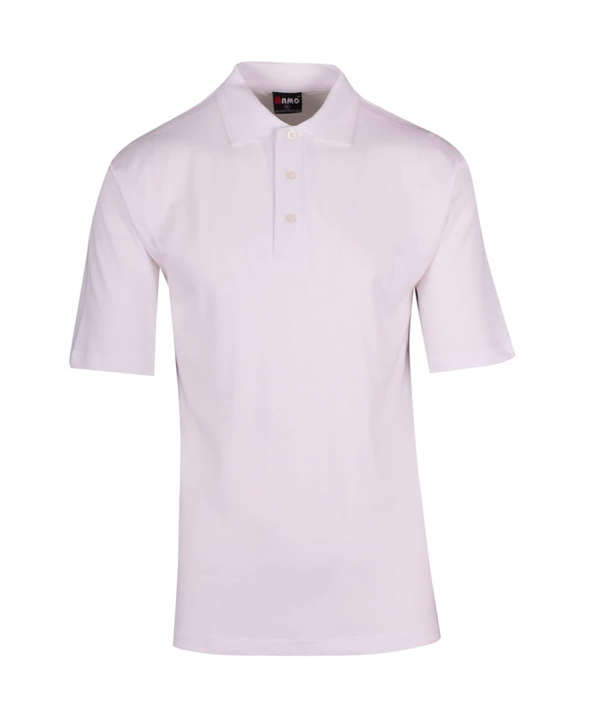 A white Men's 100% Cotton Jersey Polo shirt featuring a collar, short sleeves, and a logo on the chest.