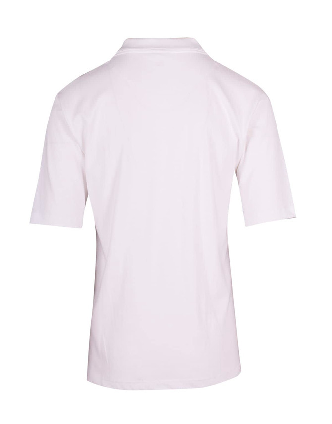 A white men's 100% cotton jersey polo shirt with short sleeves and a collar, featuring a branding logo.