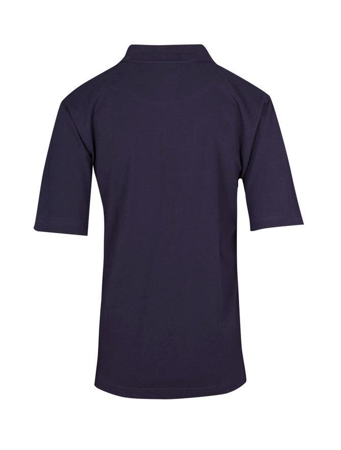 A navy blue men's 100% cotton jersey polo shirt featuring a collar and short sleeves. It has a logo on the back.