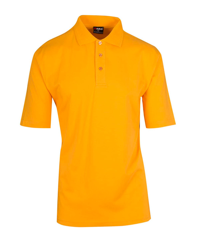 A yellow 100% cotton jersey polo shirt with a classic collar and three-button placket, featuring a logo.