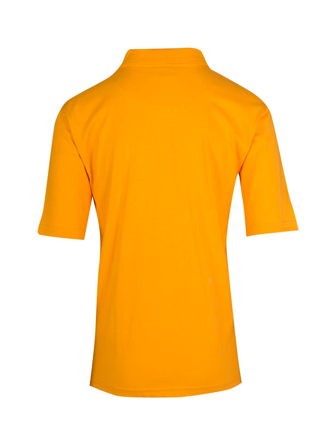 A mustard yellow men's 100% cotton jersey polo shirt with short sleeves and a collar, featuring a branding logo.