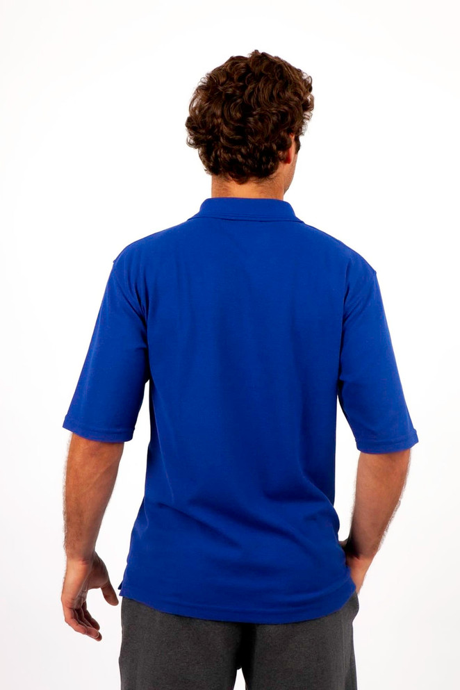 A man's regular polo shirt in purple, featuring short sleeves and a collar, with a logo on the chest.