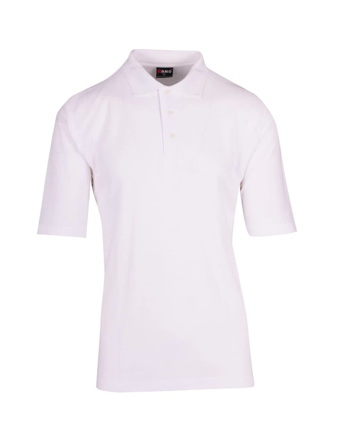 A white men's regular pique knit polo shirt with short sleeves and a collar, featuring a branding logo.