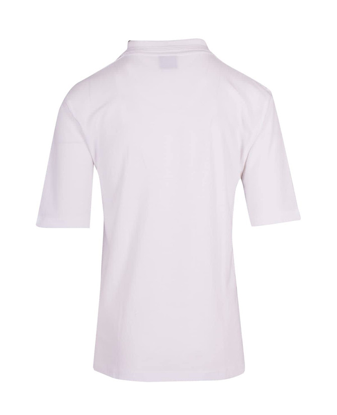 A white men's regular pique knit polo shirt featuring short sleeves and a collar, with a logo on the back.