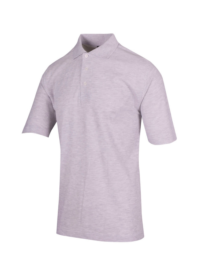 A light grey regular pique knit polo shirt with a classic collar and short sleeves. It features a branding logo.