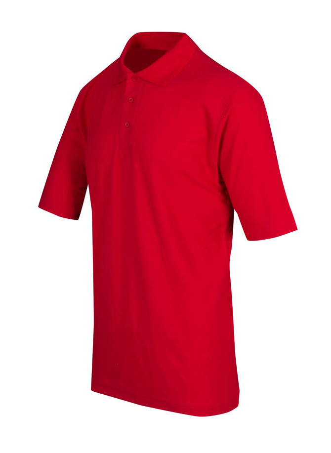 A red men's regular pique knit polo shirt with a collar and short sleeves, featuring a logo.