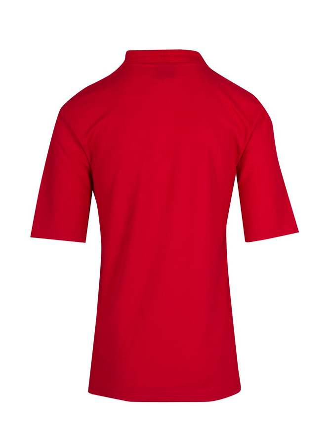 A red men's regular pique knit polo shirt featuring a back view. The shirt has short sleeves and a collar.