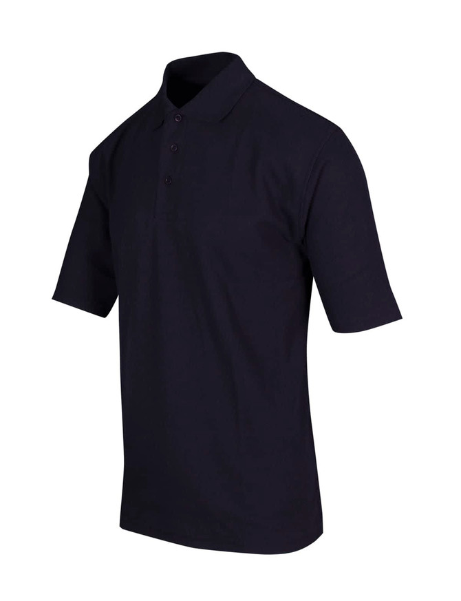 A navy blue men's regular pique knit polo shirt with a collar and short sleeves. It has a logo on the chest.