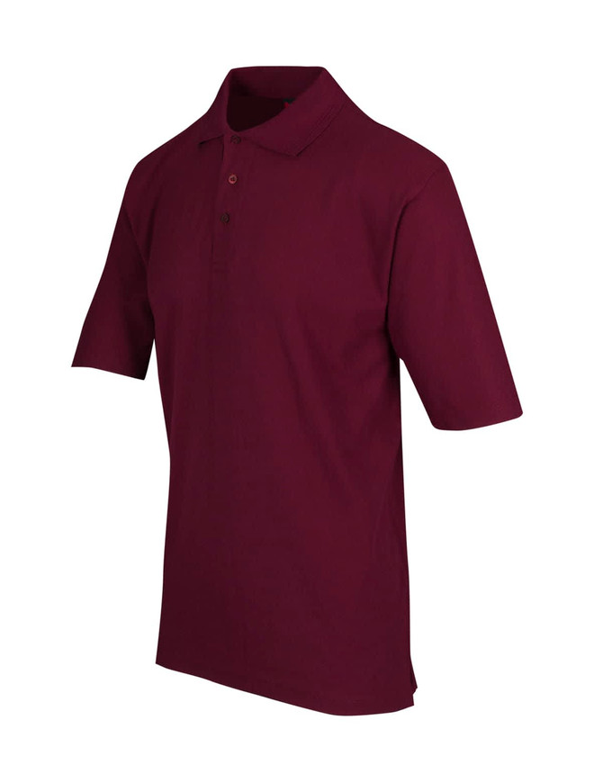 A maroon regular pique knit polo shirt with a collar and short sleeves, featuring a logo.
