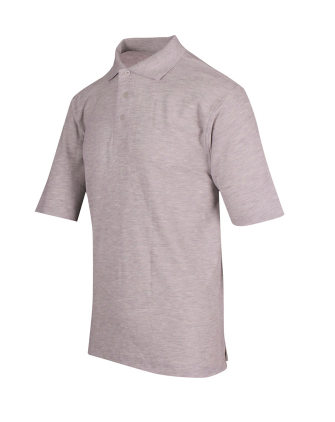 A grey men’s regular pique knit polo shirt with a collar and short sleeves, featuring a logo on the chest.