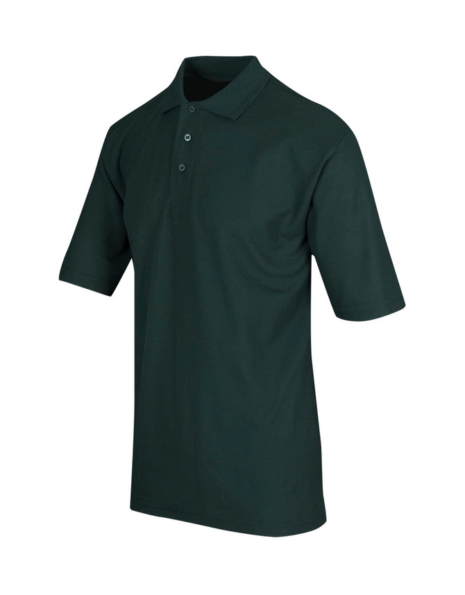A dark green men's regular pique knit polo shirt with a classic collar and short sleeves, featuring buttons and a logo.