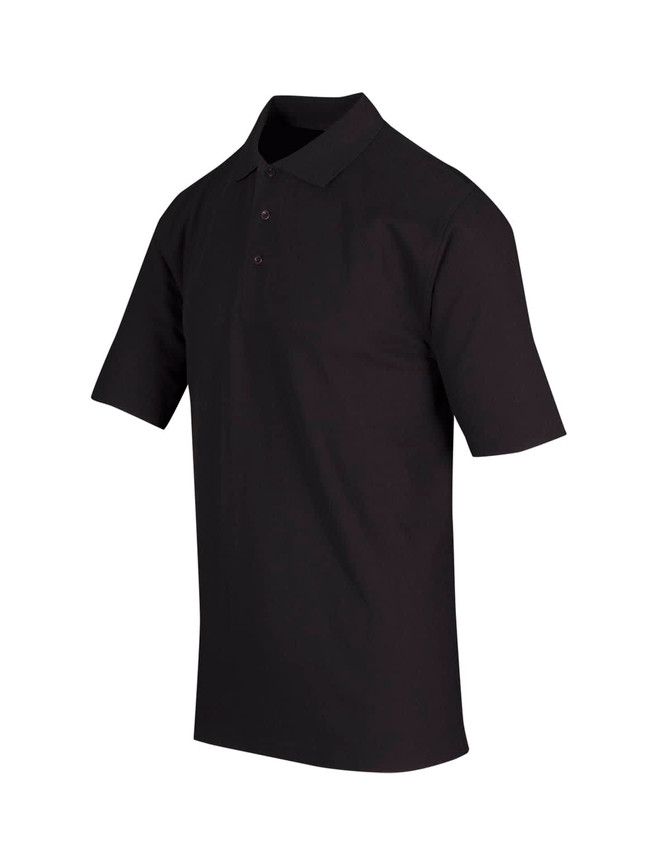 A black men's regular pique knit polo shirt featuring a collar and short sleeves. Includes a logo.