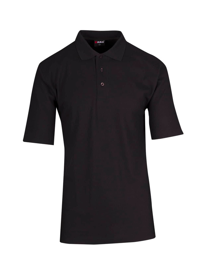 A black men's regular pique knit polo shirt with a collar and buttons, featuring a logo.