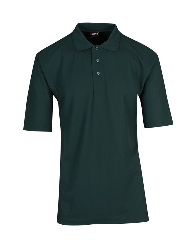 A dark green men's regular pique knit polo shirt with a classic collar and short sleeves, featuring a logo.