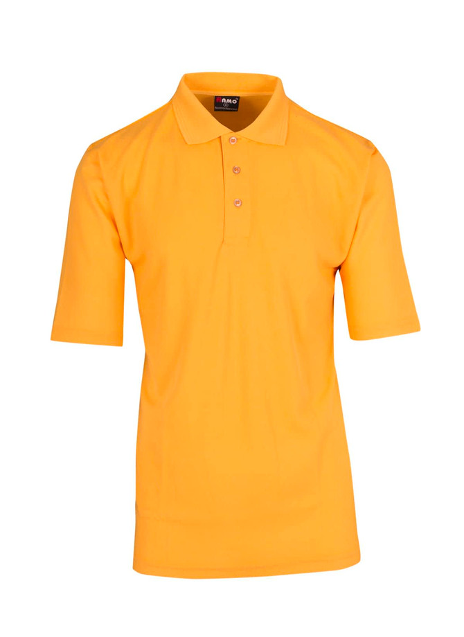 A men's regular pique knit polo in bright yellow with a collar and three buttons, featuring a logo.