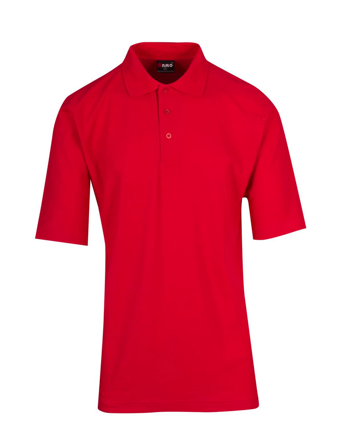 A red men's regular pique knit polo shirt with a collar and short sleeves, featuring a logo on the chest.