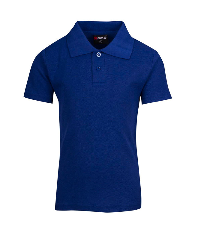 A blue kid's pique polo shirt featuring a collar and two-button placket, with a logo on the inside.