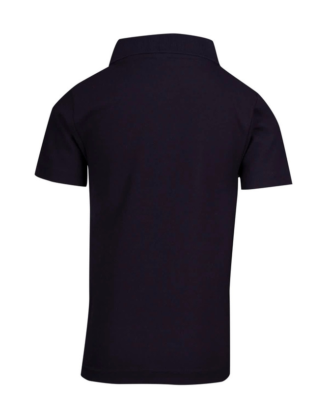 A black kid's pique polo shirt with a collar and short sleeves, featuring a logo.