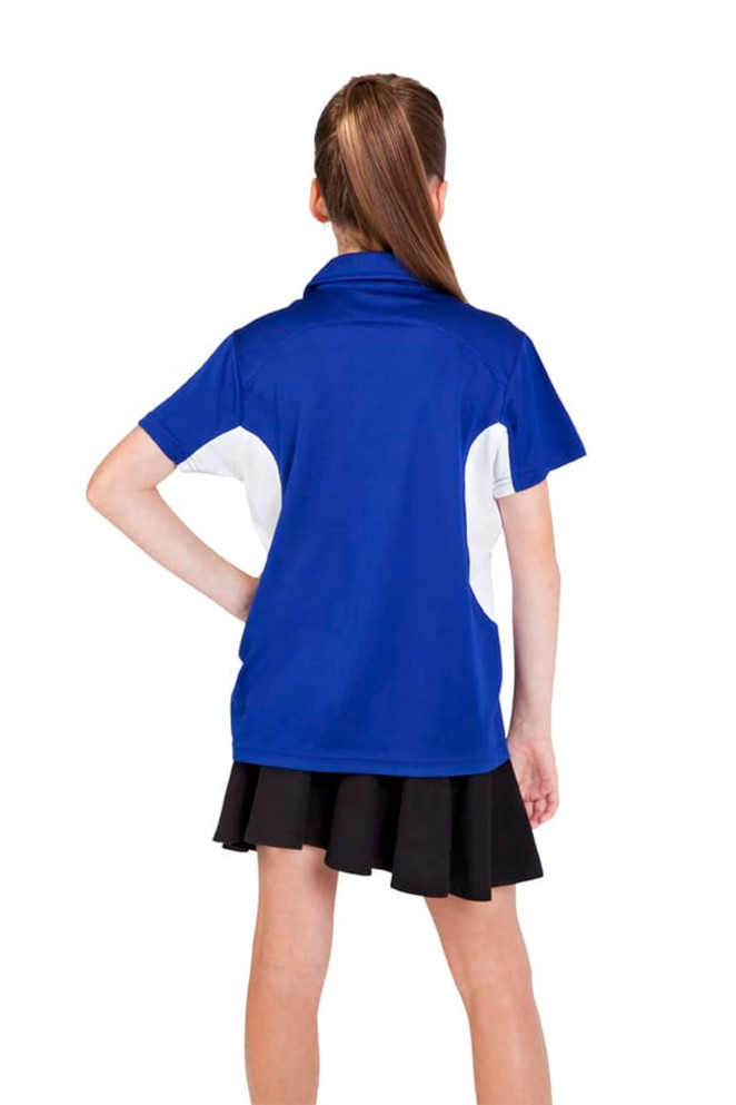 A blue and white polyester polo shirt with a logo, featuring a high collar and short sleeves, worn with a black skirt.