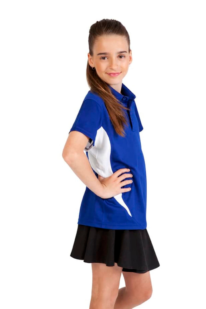 A girl is wearing a blue polyester polo shirt with white sides. The shirt has a collar and a logo on the chest.
