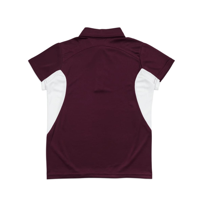 A maroon polyester polo shirt featuring white side panels and a collar, with a logo on the front.
