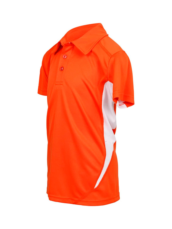 A vibrant orange polyester polo shirt featuring white side panels and a logo. Perfect for kids’ active wear.