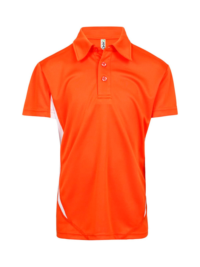 An orange polyester polo shirt for kids featuring a collar and side panel details. Includes a logo.