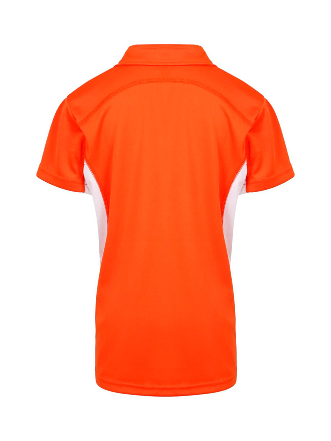A vibrant orange polo shirt featuring a white panel on the sides and a classic collar. Includes a logo on the front.