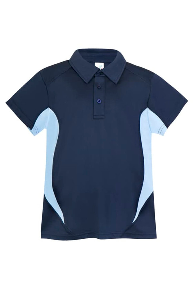 A navy blue kid's polyester polo shirt with light blue side panels and a collar. It features a logo on the chest.