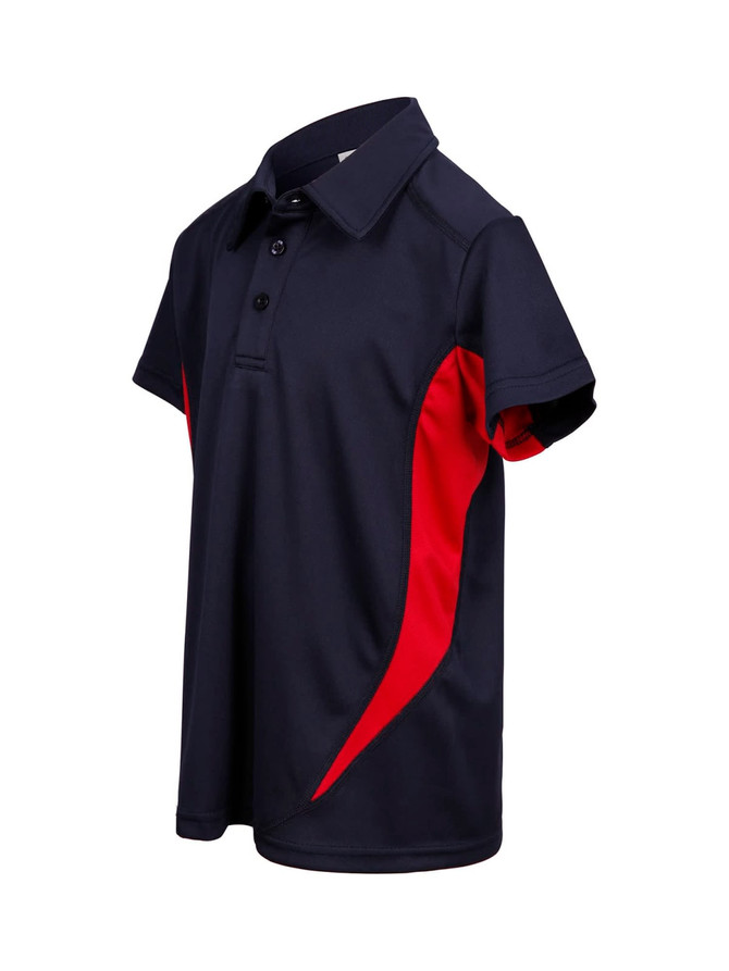 A navy blue polo shirt with red accents, featuring a collar and short sleeves. It has a logo on it.