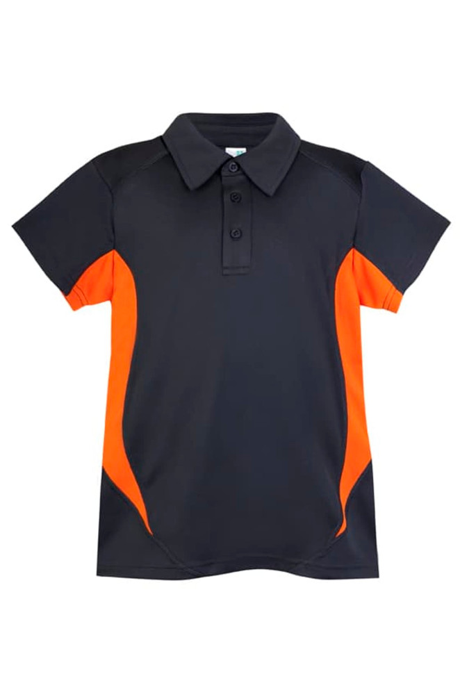 A black polo shirt with orange accents, featuring a collar and three-button placket, and a logo.