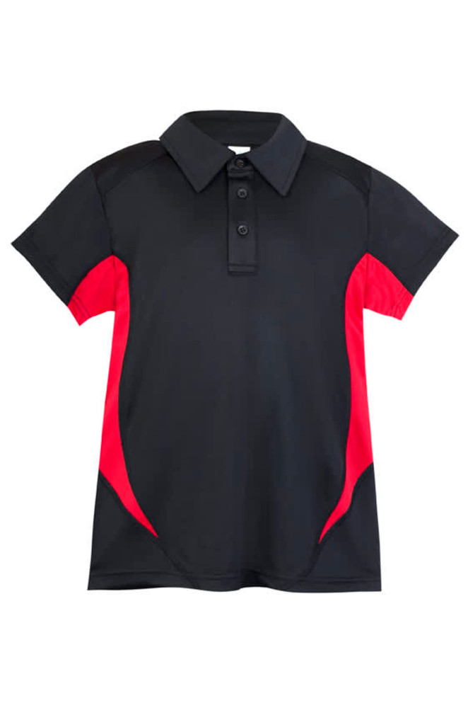 A black polo shirt with red accents, featuring a collar and buttons, and a branded logo.