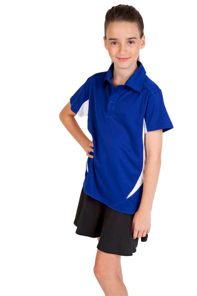 A girl wearing a blue polyester polo shirt with white accents, standing confidently with her hands on her hips.